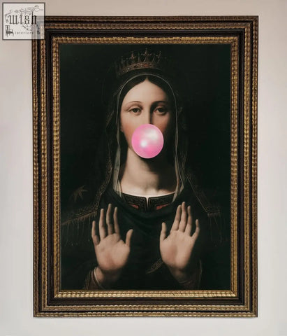 A framed bubble gum renaissance print featuring a crowned figure in dark attire blowing a bright pink bubblegum bubble