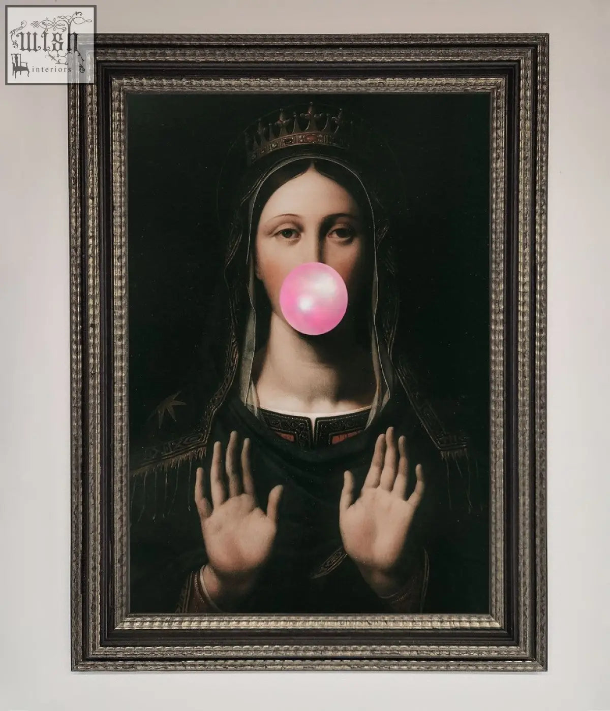 A framed bubble gum renaissance print featuring a dark classical crowned portrait blowing a bright pink bubblegum bubble