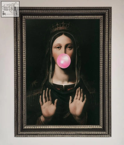 A framed bubble gum renaissance print featuring a dark classical crowned portrait blowing a bright pink bubblegum bubble