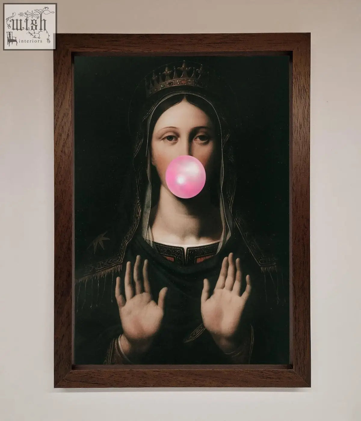 A framed print showing a crowned figure blowing a pink bubblegum bubble in dark bubble gum renaissance style