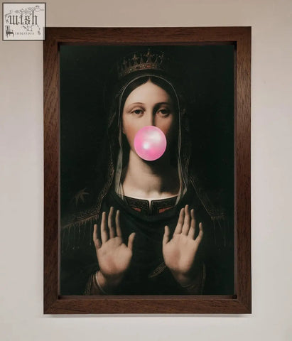 A framed print showing a crowned figure blowing a pink bubblegum bubble in dark bubble gum renaissance style