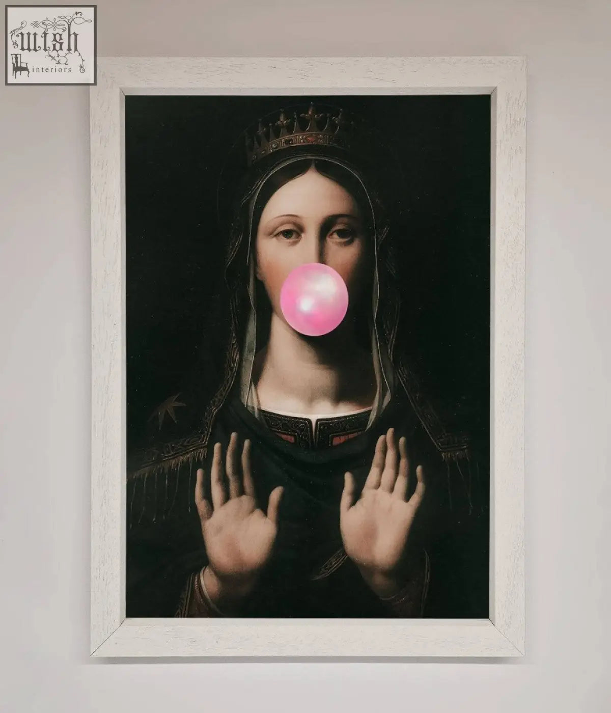 A bubble gum renaissance framed print showing a crowned figure in dark clothes blowing a bright pink bubblegum bubble in a white frame