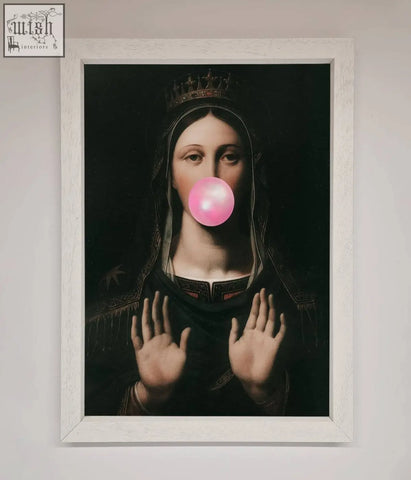A bubble gum renaissance framed print showing a crowned figure in dark clothes blowing a bright pink bubblegum bubble in a white frame