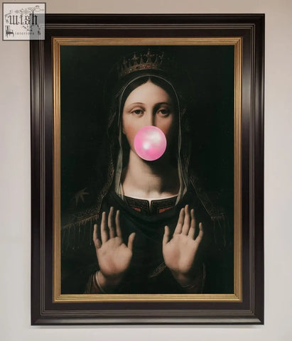 A framed bubble gum renaissance print showing a regal figure in dark clothes blowing a bright pink bubblegum bubble