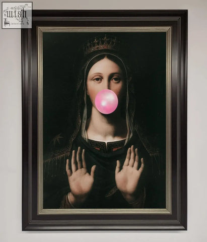 A bubble gum renaissance framed print showing a crowned dark figure blowing a bright pink bubble in an ornate brown frame