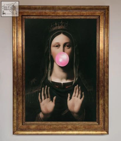 Framed bubble gum renaissance print featuring a crowned figure blowing a pink bubblegum bubble with gold frame detailing
