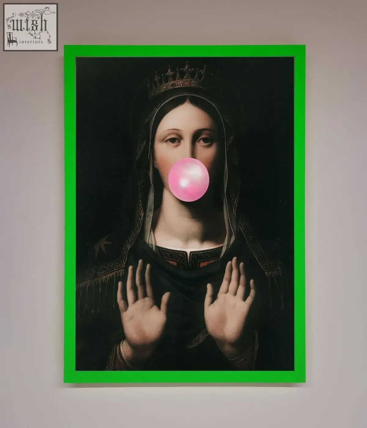 Framed bubble gum renaissance print of virgin mary with pink bubblegum bubble in neon green frame