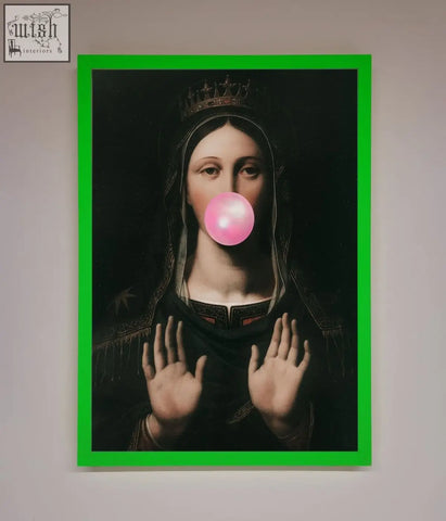 Framed bubble gum renaissance print of virgin mary with pink bubblegum bubble in neon green frame
