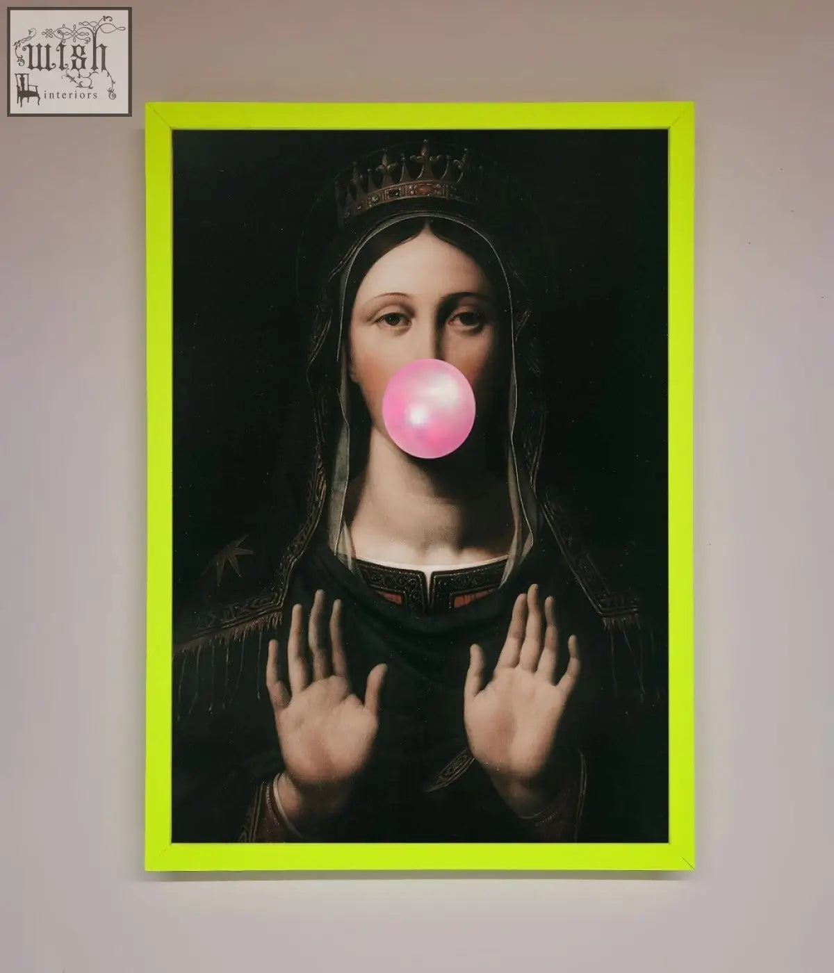A bubble gum renaissance framed print showing a classical crowned portrait blowing pink bubblegum in a neon green frame