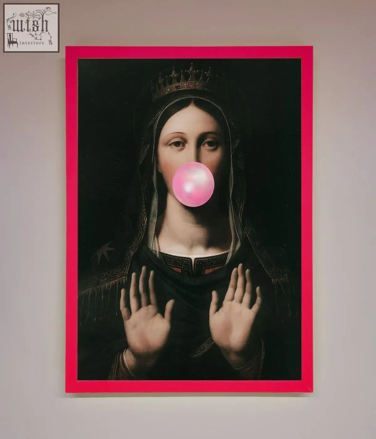 Bubble gum renaissance framed print with vibrant pink frame showing virgin mary with bright pink bubblegum bubble