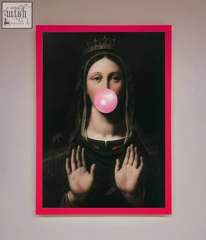 Bubble gum renaissance framed print with vibrant pink frame showing virgin mary with bright pink bubblegum bubble