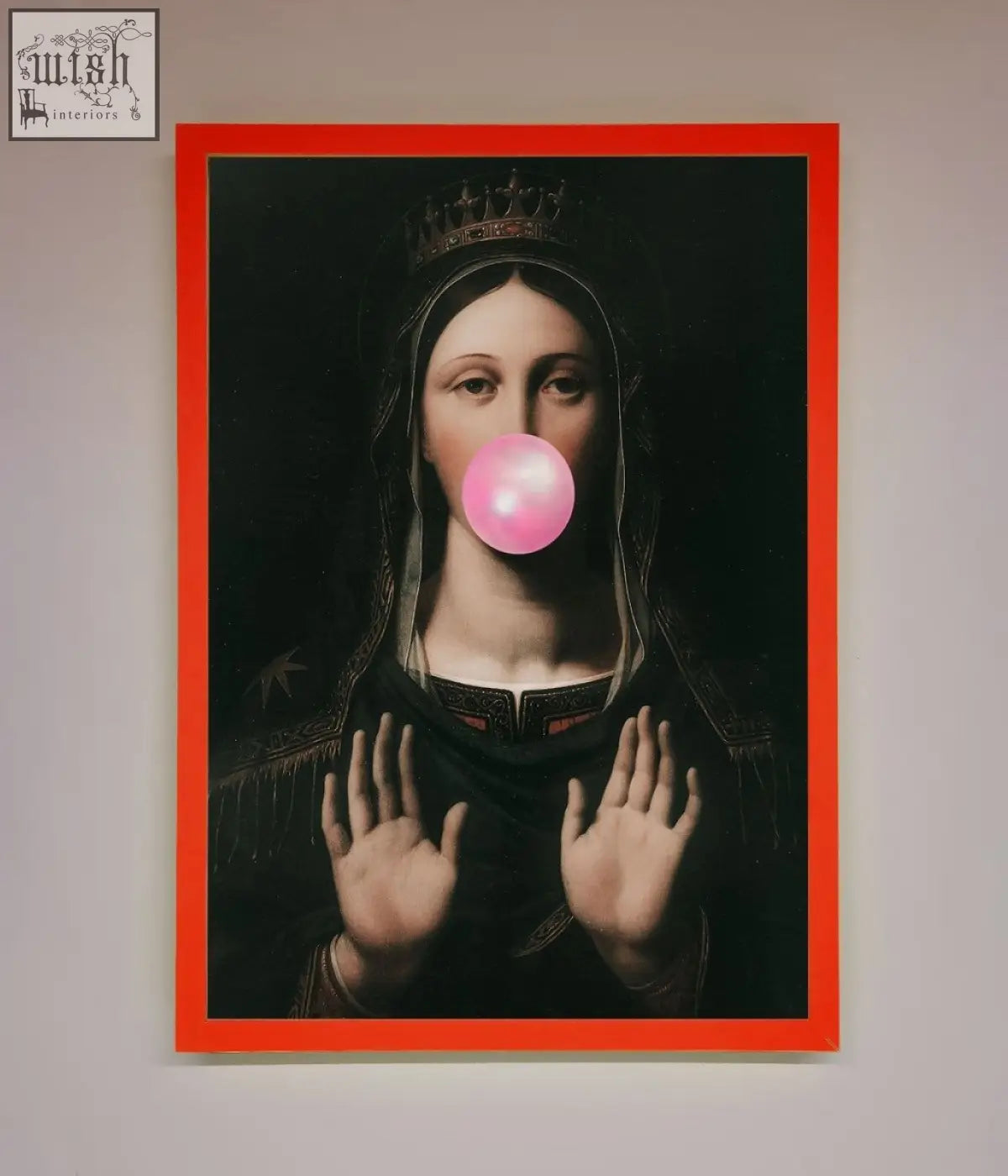 Framed print of virgin mary in black robe with crown blowing bright pink bubble gum bubble bubble gum renaissance