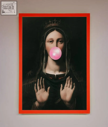 Framed print of virgin mary in black robe with crown blowing bright pink bubble gum bubble bubble gum renaissance