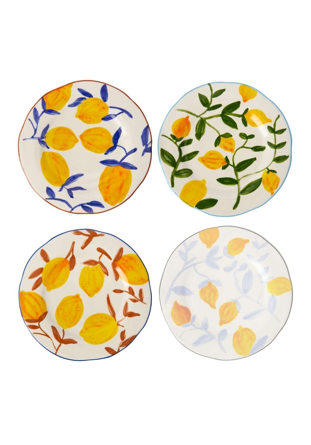 Set of four hand-painted ceramic lunch plates with vibrant yellow blue and orange lemon and leaf motifs inspired by matisse