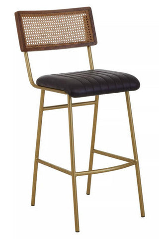 Gold finished metal buffalo black leather bar chair with black quilted leather seat and woven cane backrest framed in wood
