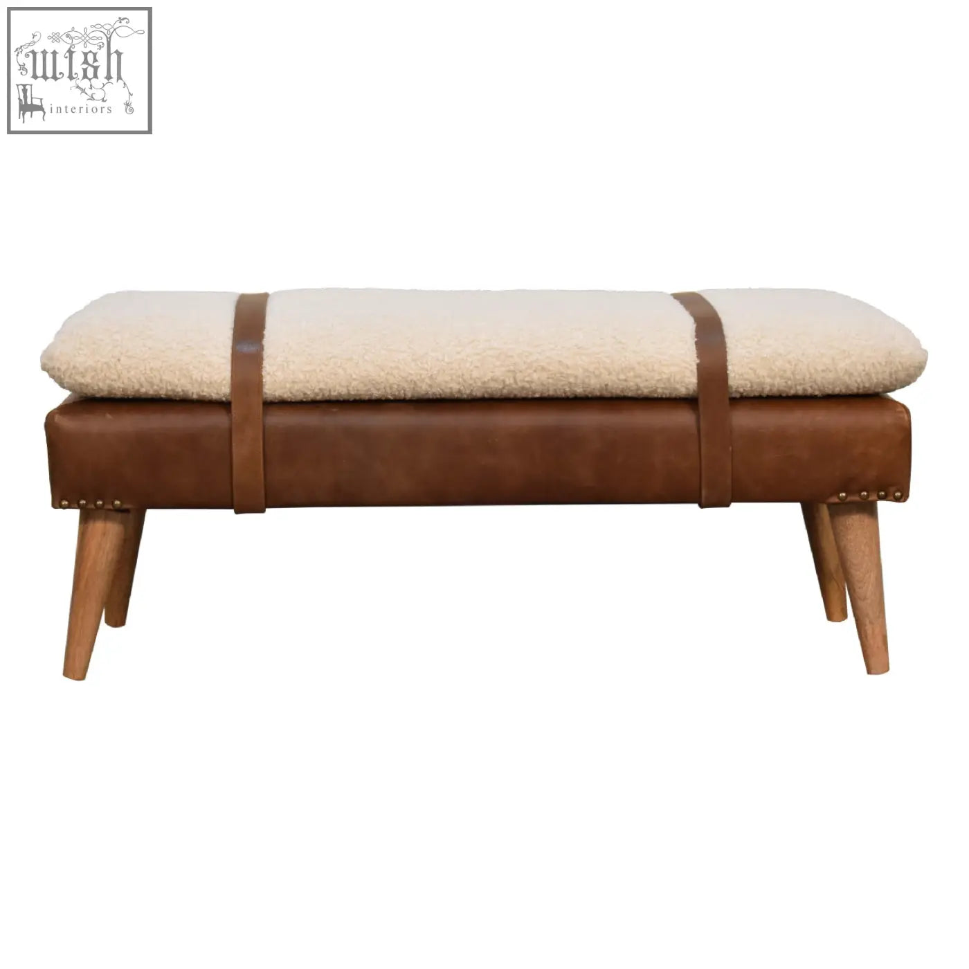 Brown leather buffalo hide leather bench with cream sheepskin upholstery and wooden legs for cozy seating