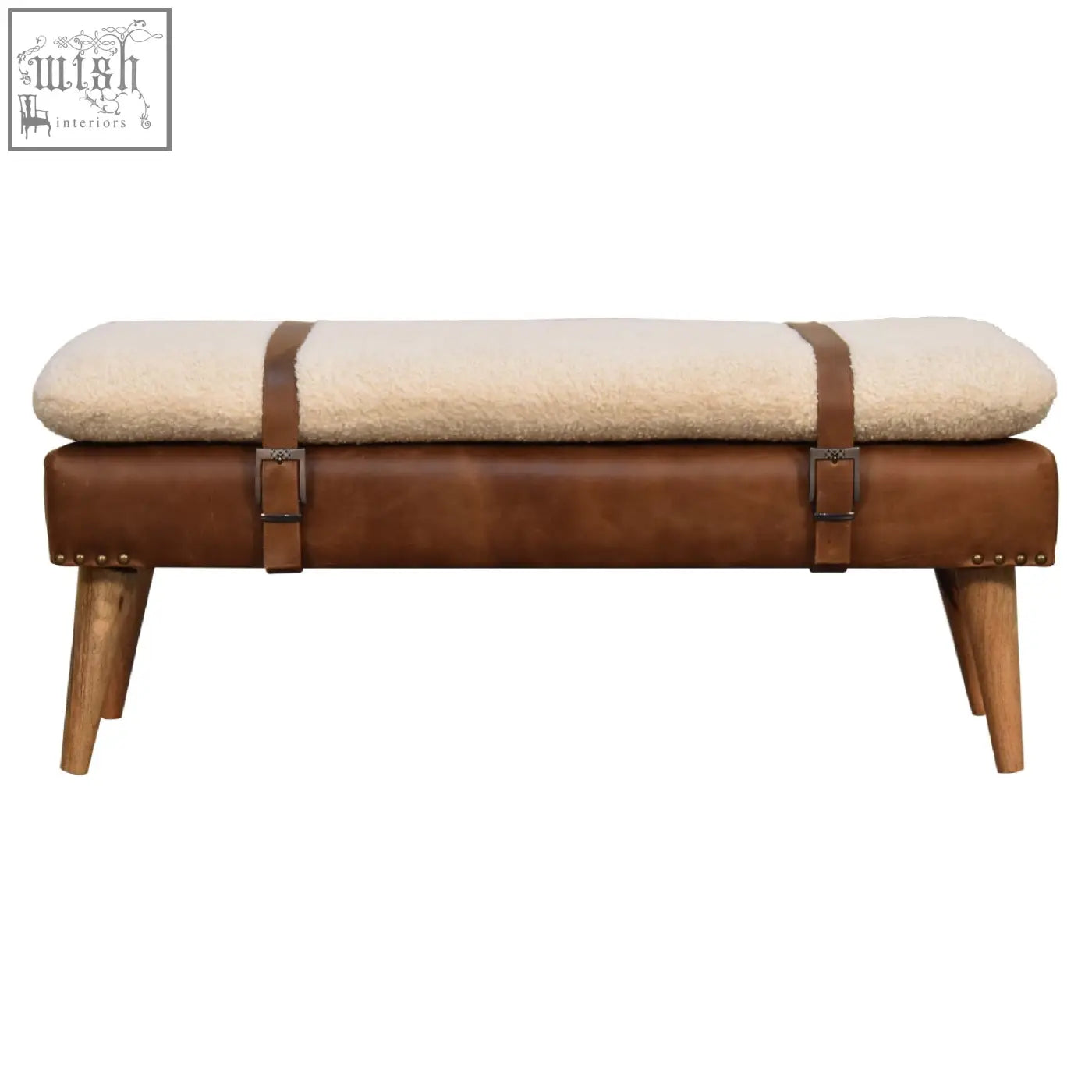 Brown leather buffalo hide leather bench with cream sheepskin upholstery and wooden legs for stylish seating