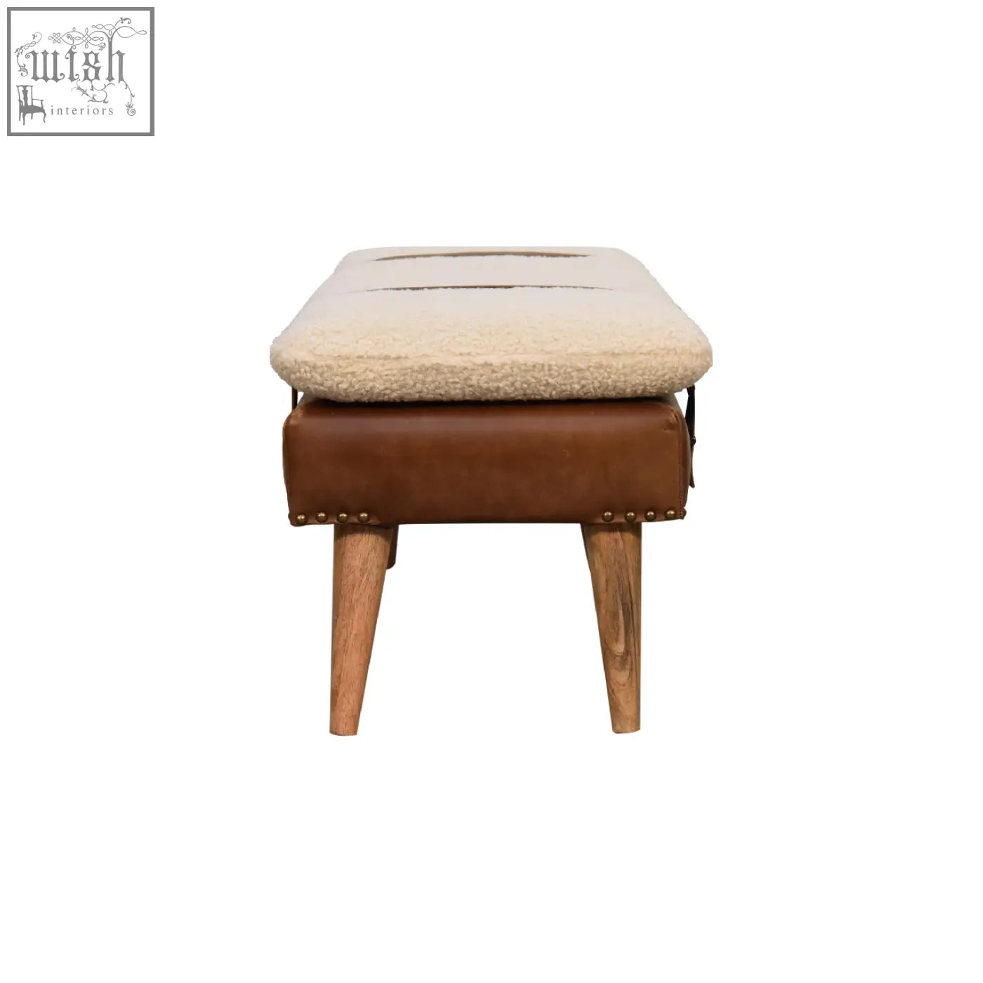 Buffalo hide leather bench with cream sheepskin top brown leather base wooden legs and brass nailhead trim