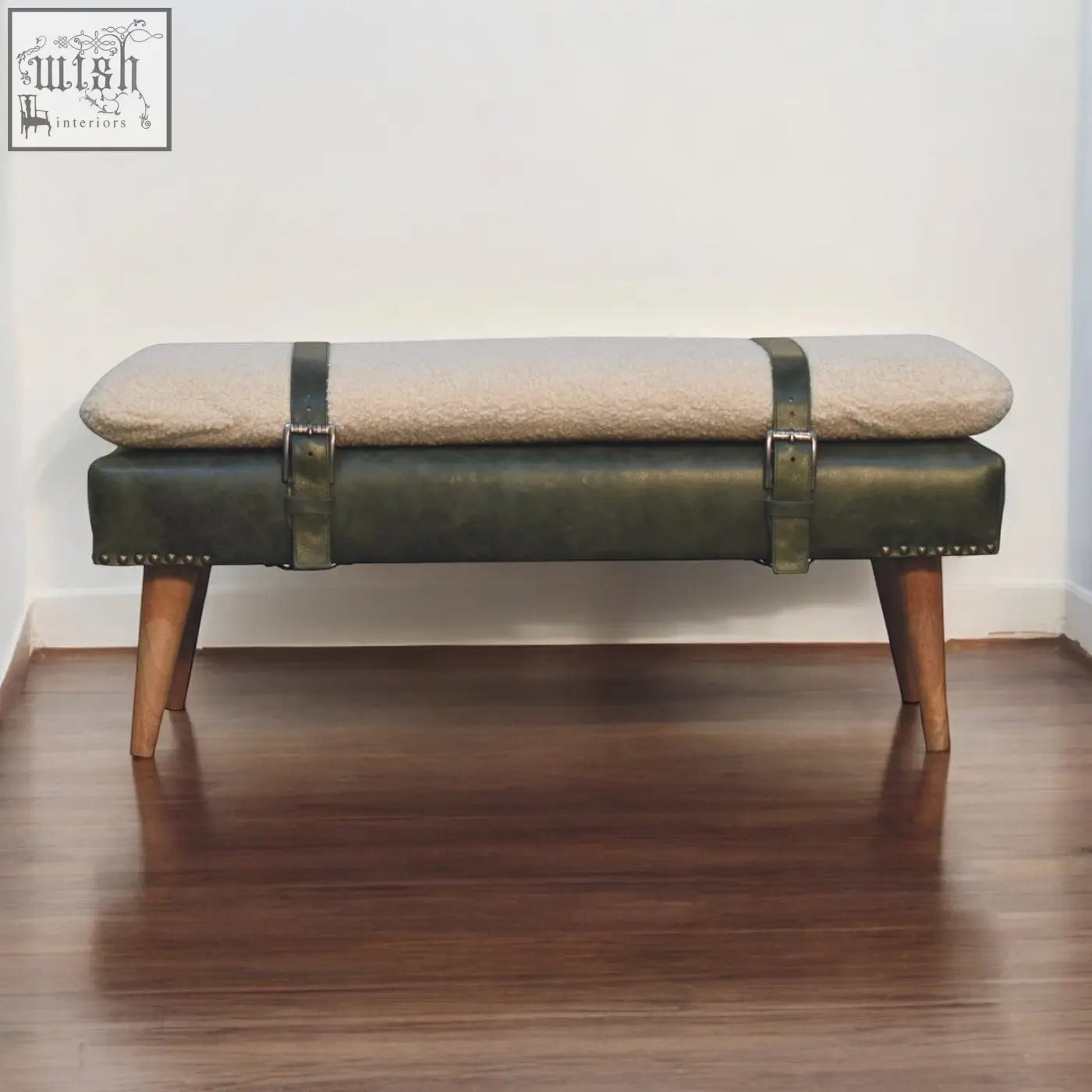 Olive green buffalo hide leather bench with beige plush cushion and wooden legs for stylish seating