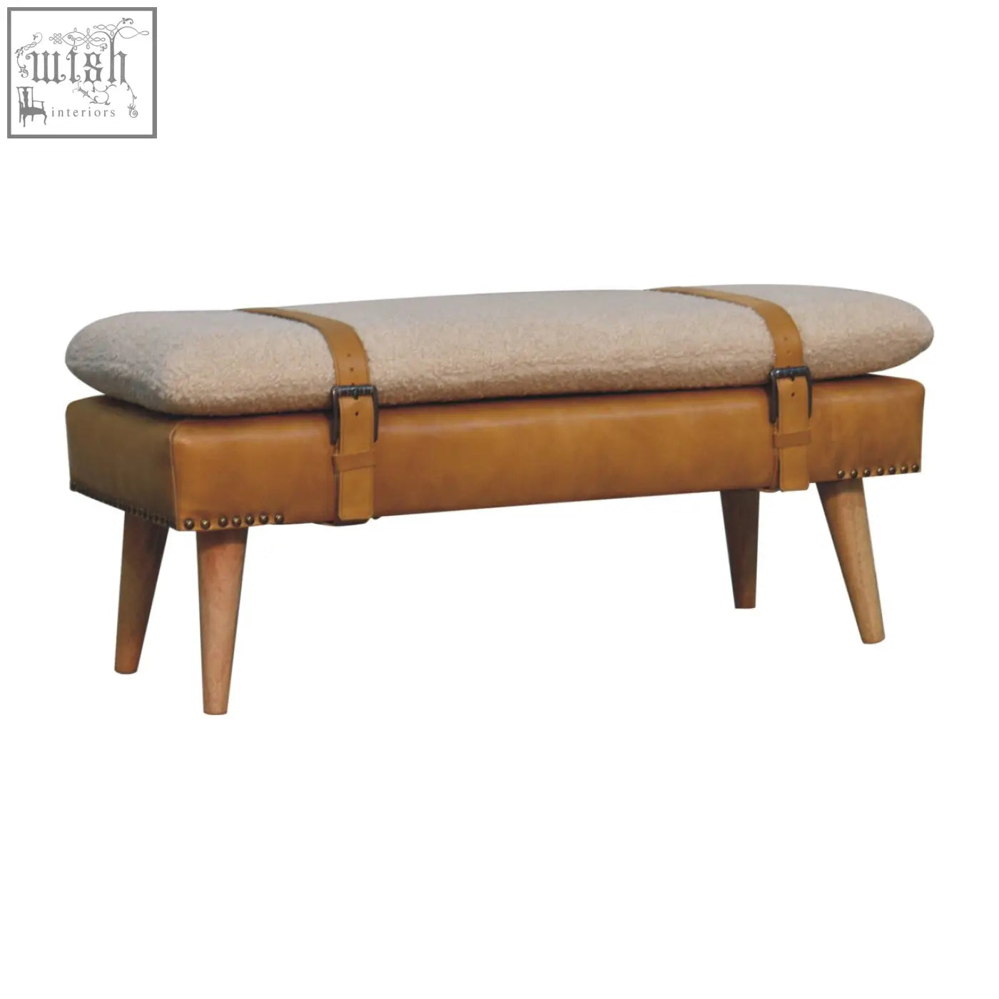 Tan leather bench with beige plush cushion and wooden legs for buffalo hide olive green style seating