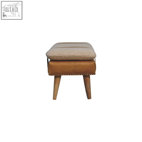 Tan leather bench with beige textured cushion and wooden legs from buffalo hide olive green leather collection
