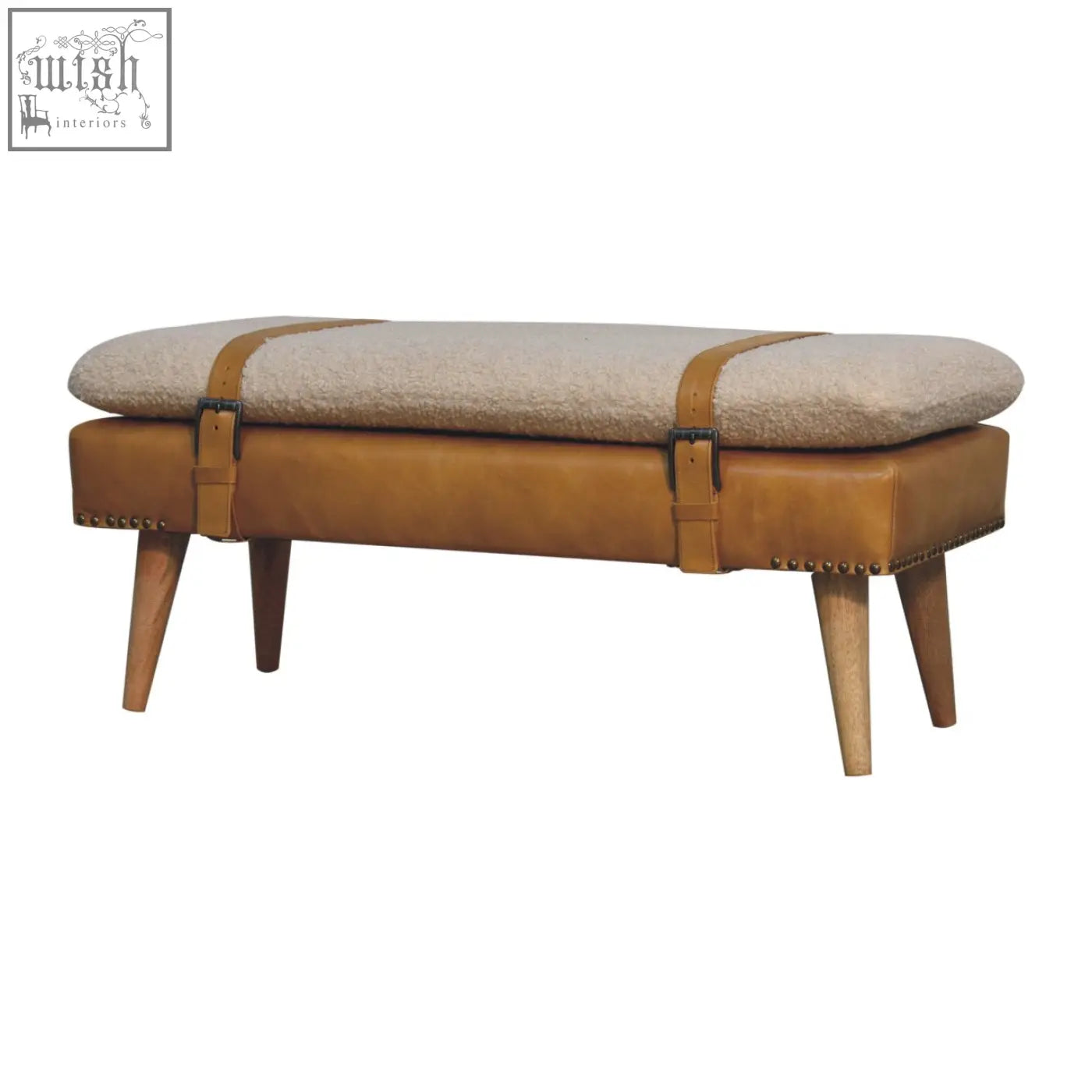 Tan leather bench with beige cushion and wooden legs in buffalo hide olive green leather style