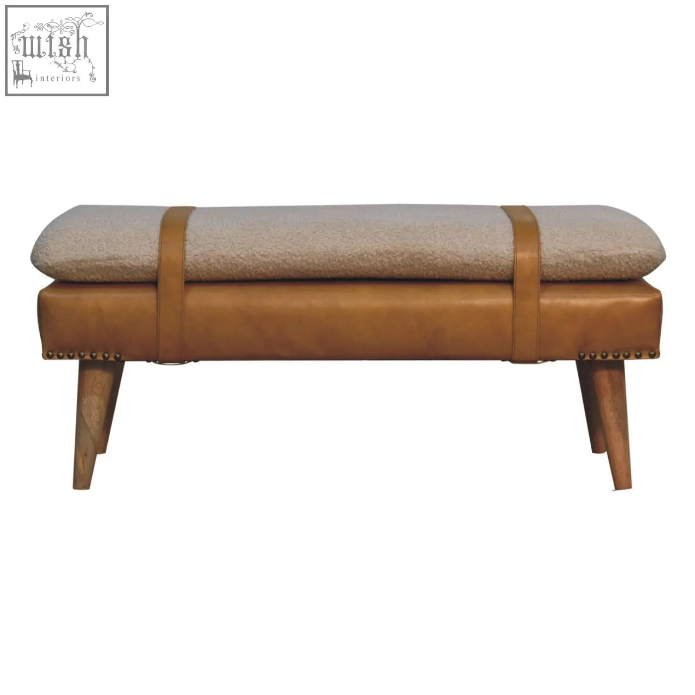 Tan leather bench with beige textured cushion and wooden legs for buffalo hide olive green leather bench collection