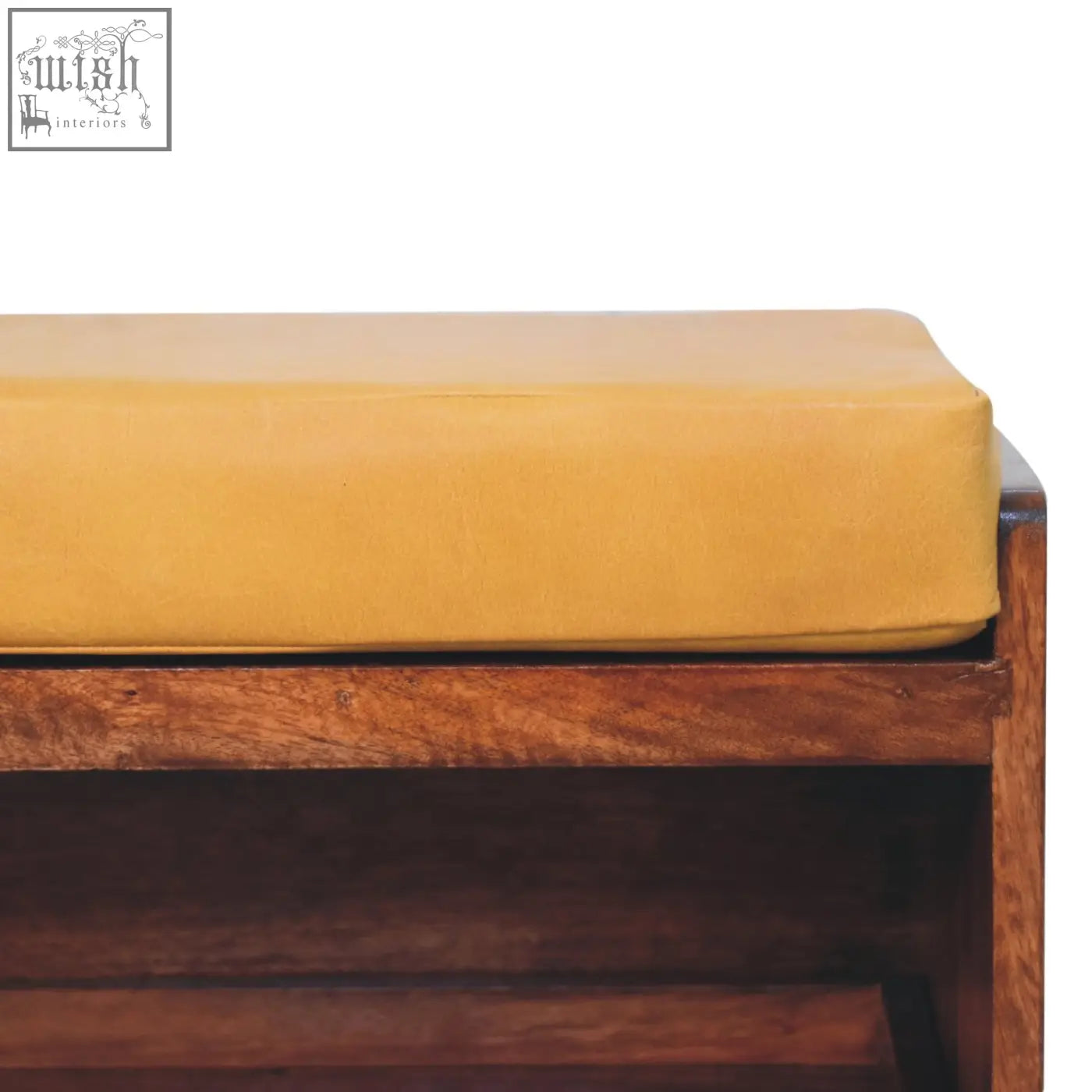 Mustard-yellow cushion on solid mango wood frame shoe storage bench with buffalo hide pull out honey caramel storage