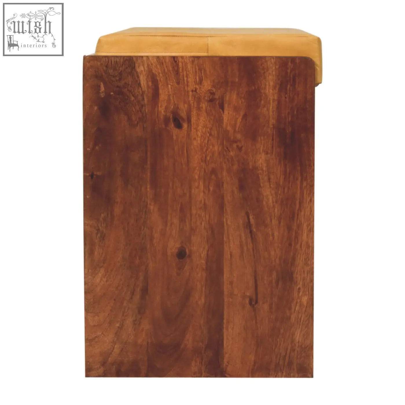 A rustic shoe storage bench with solid mango wood frame and tan upholstered seat for hidden shoe storage