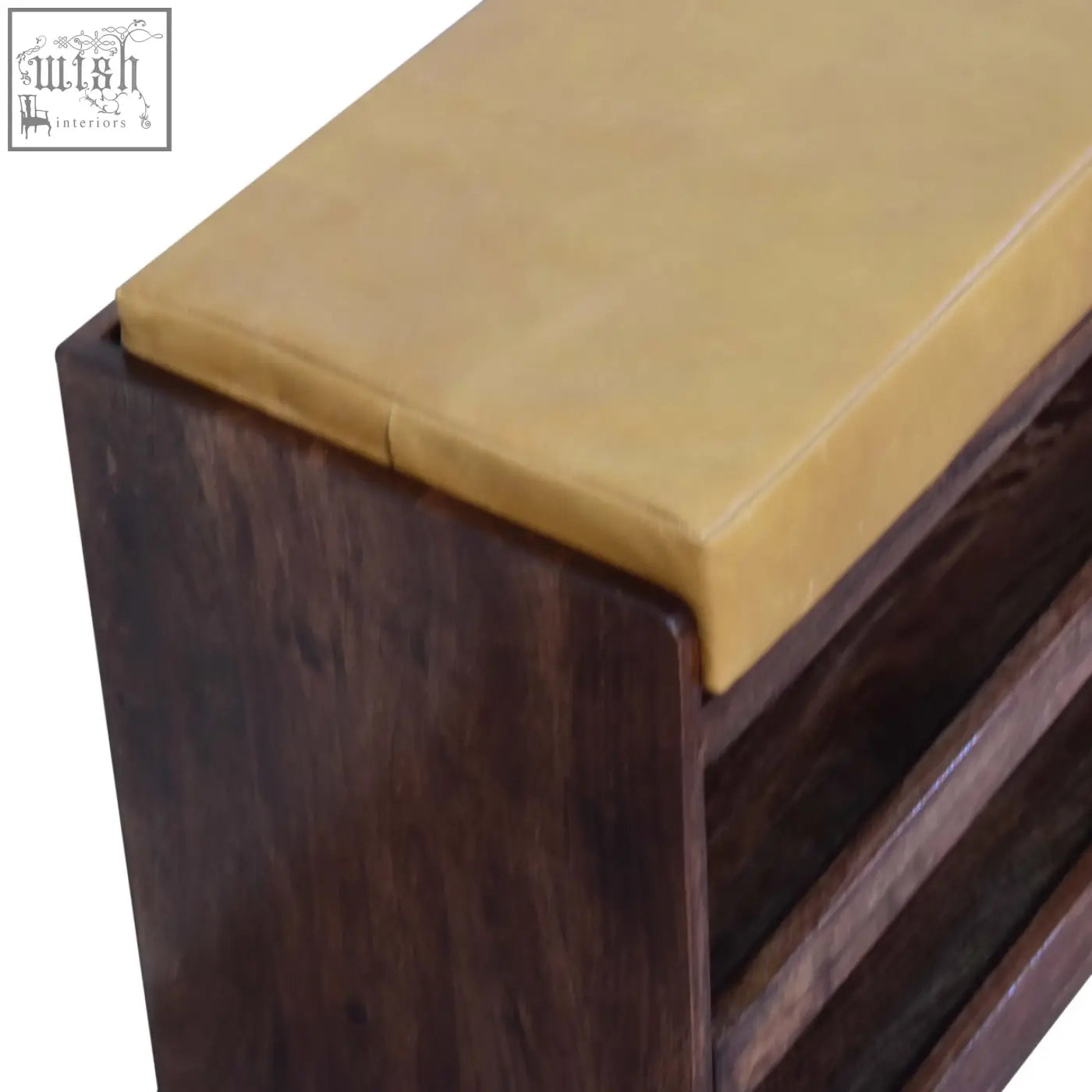 Dark wood shoe storage bench with tan leather cushioned top made from solid mango wood for organized shoe storage
