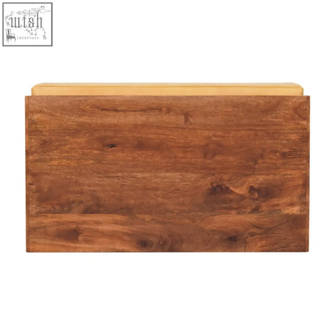 Rich brown solid mango wood shoe storage bench with buffalo hide pull out and light natural grain interior