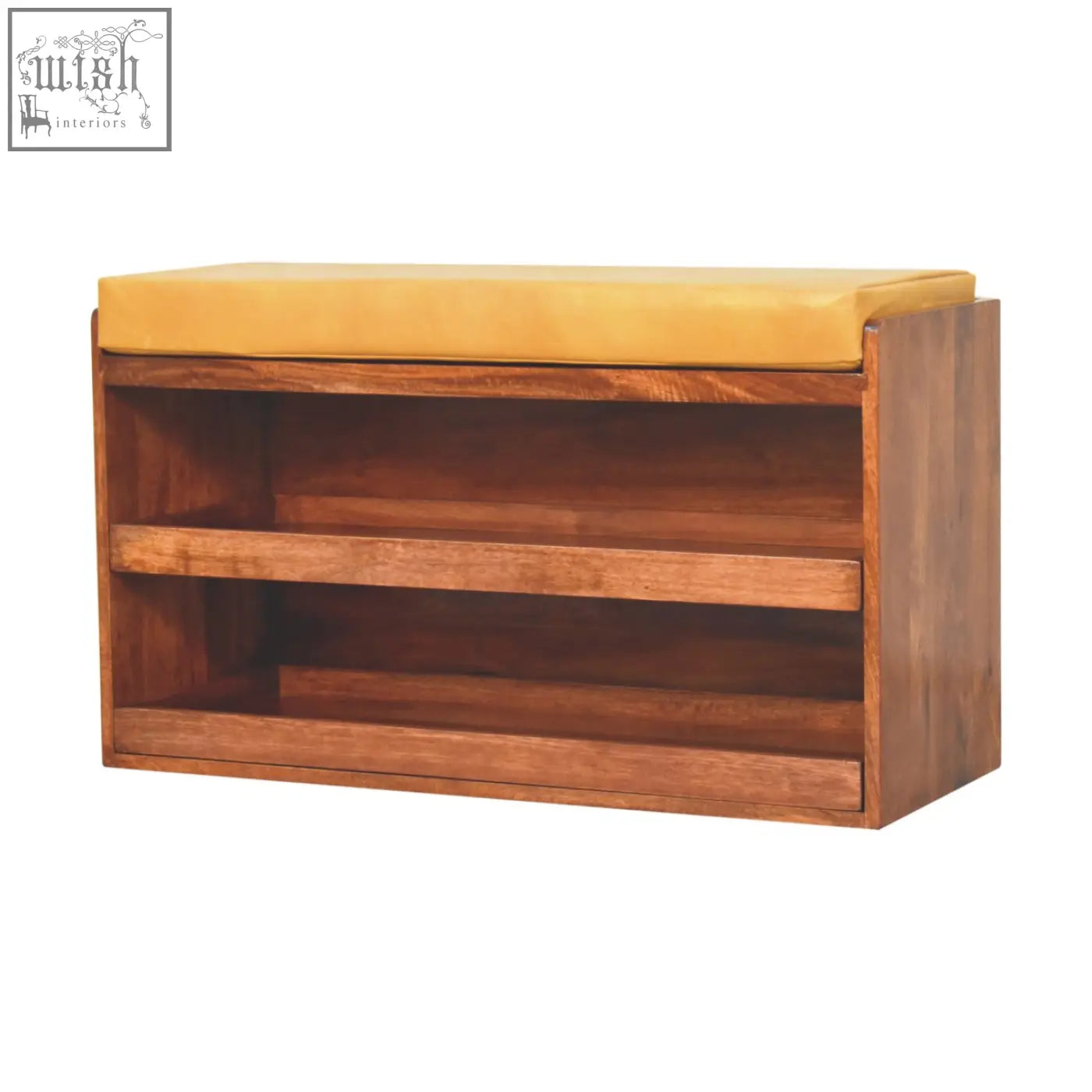 A solid mango wood shoe storage bench with mustard yellow cushion and two open shelves for hidden storage
