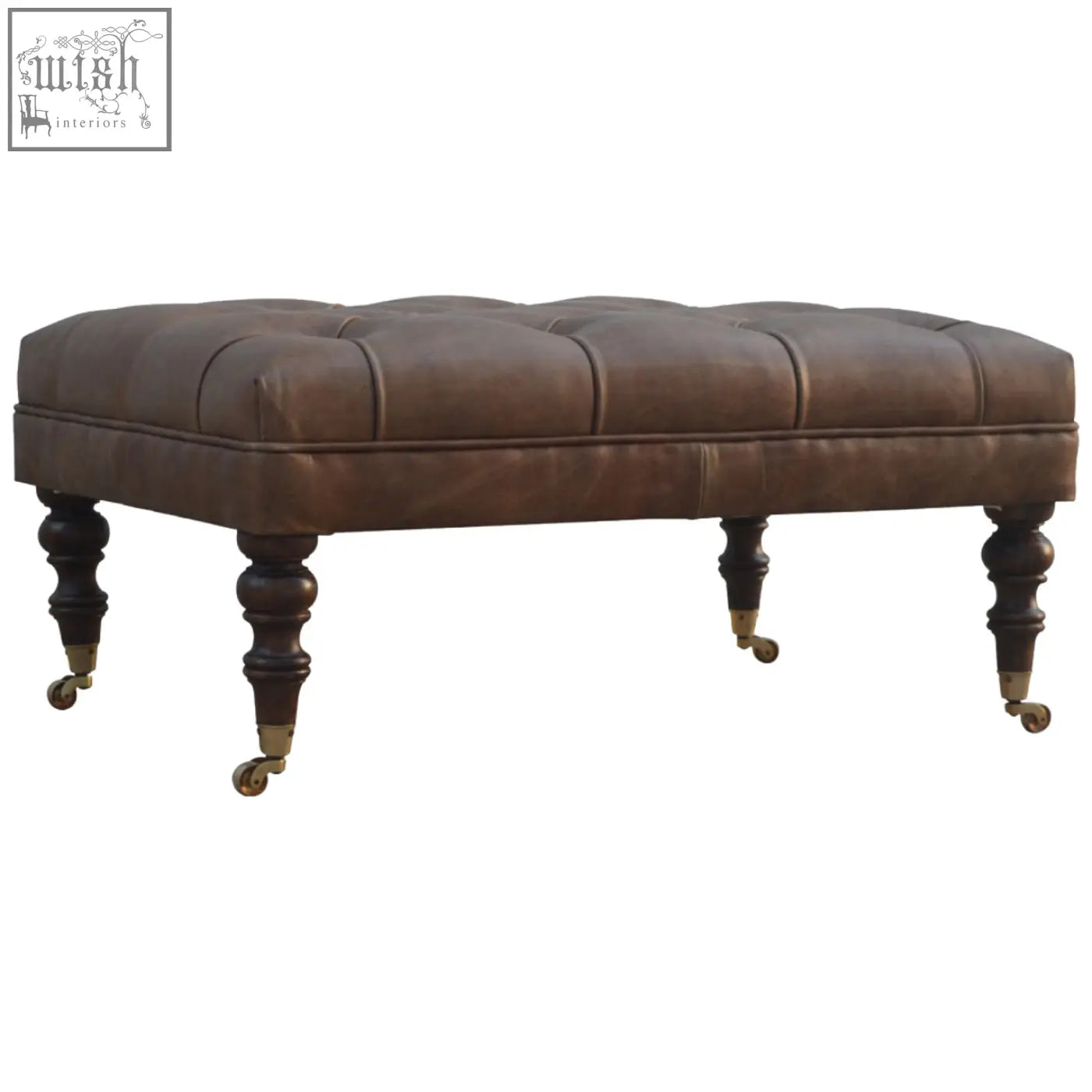Brown buffalo leather storage bench with rectangular form tufted top dark wooden legs and brass casters for additional seating