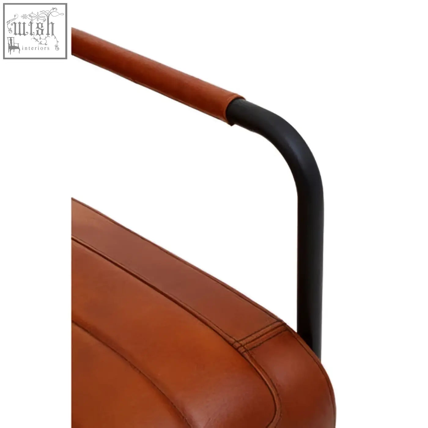 Brown buffalo tan leather armchair with tan leather armrest and black metal frame for stylish comfort
