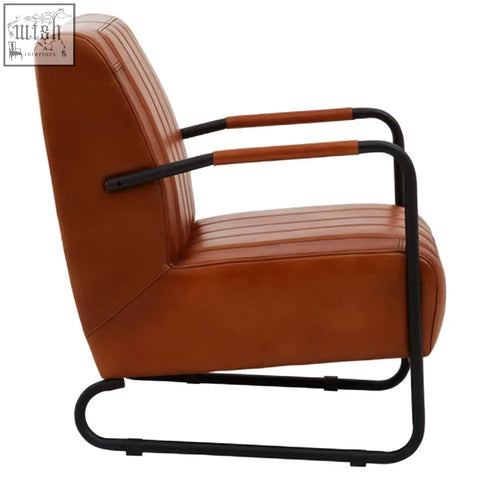 Brown leather armchair with black metal frame in buffalo tan leather for stylish livingroom seating