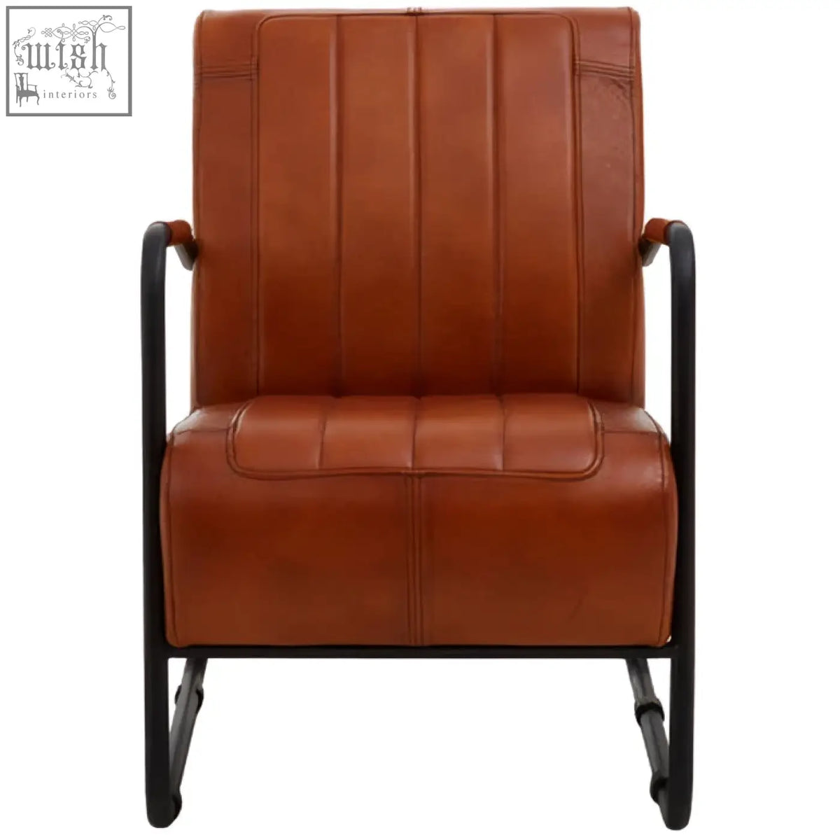 Buffalo tan leather armchair with tan leather upholstery and black metal frame for stylish seating