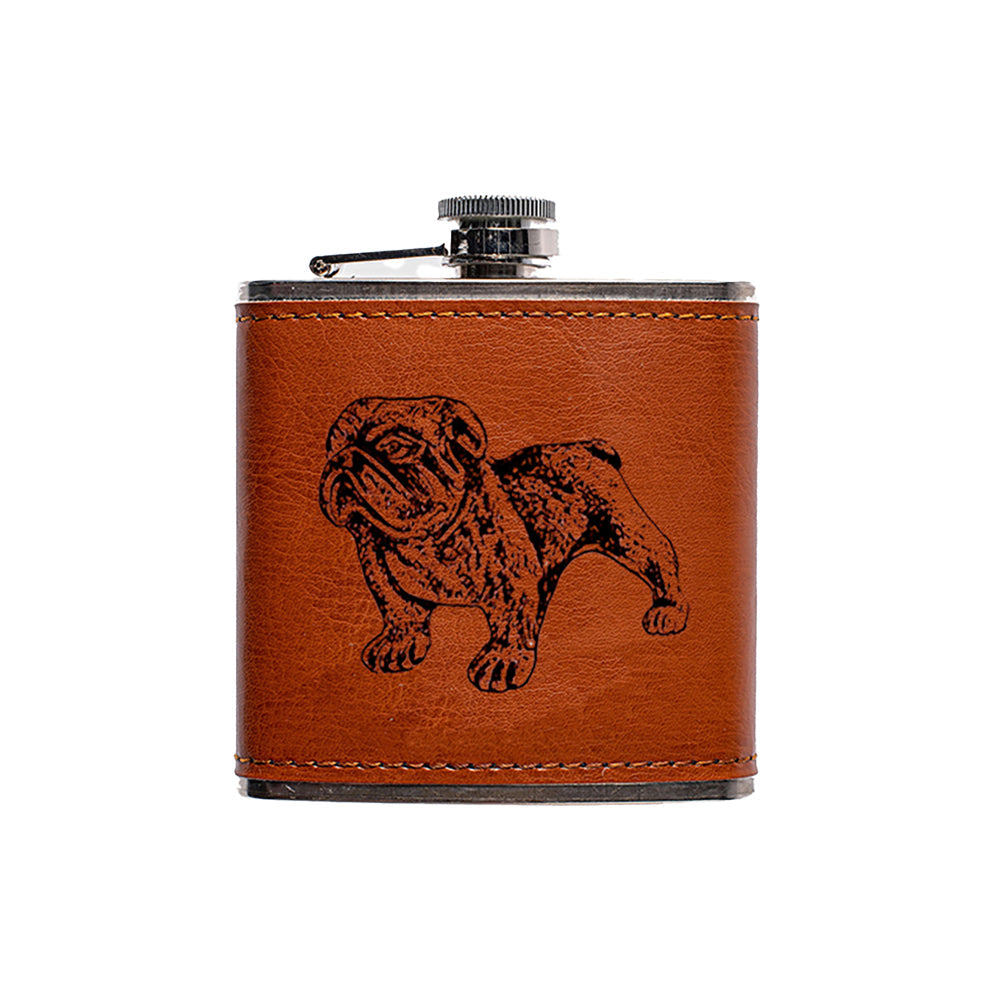 Brown leather hip flask with black engraved bulldog design and silver metal cap perfect leather hip flask accessory