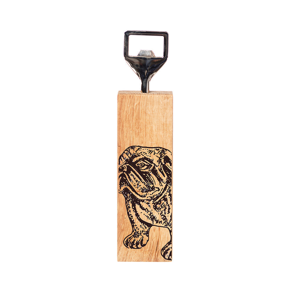 A sleek rectangular oak bottle opener with a black metal cap lifter and an engraved bulldog design on british oak