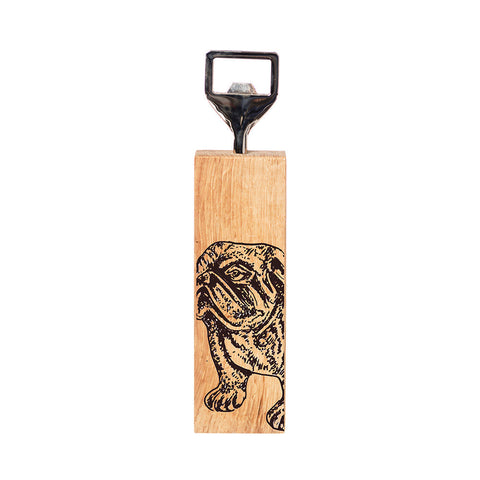 A sleek rectangular oak bottle opener with a black metal cap lifter and an engraved bulldog design on british oak