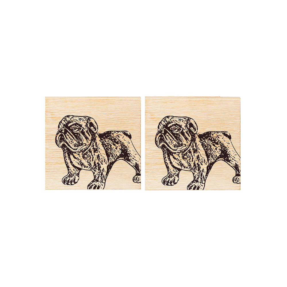 Pair of light wood engraved bulldog oak coasters made from british oak perfect for protecting surfaces