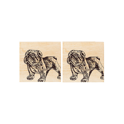 Pair of light wood engraved bulldog oak coasters made from british oak perfect for protecting surfaces