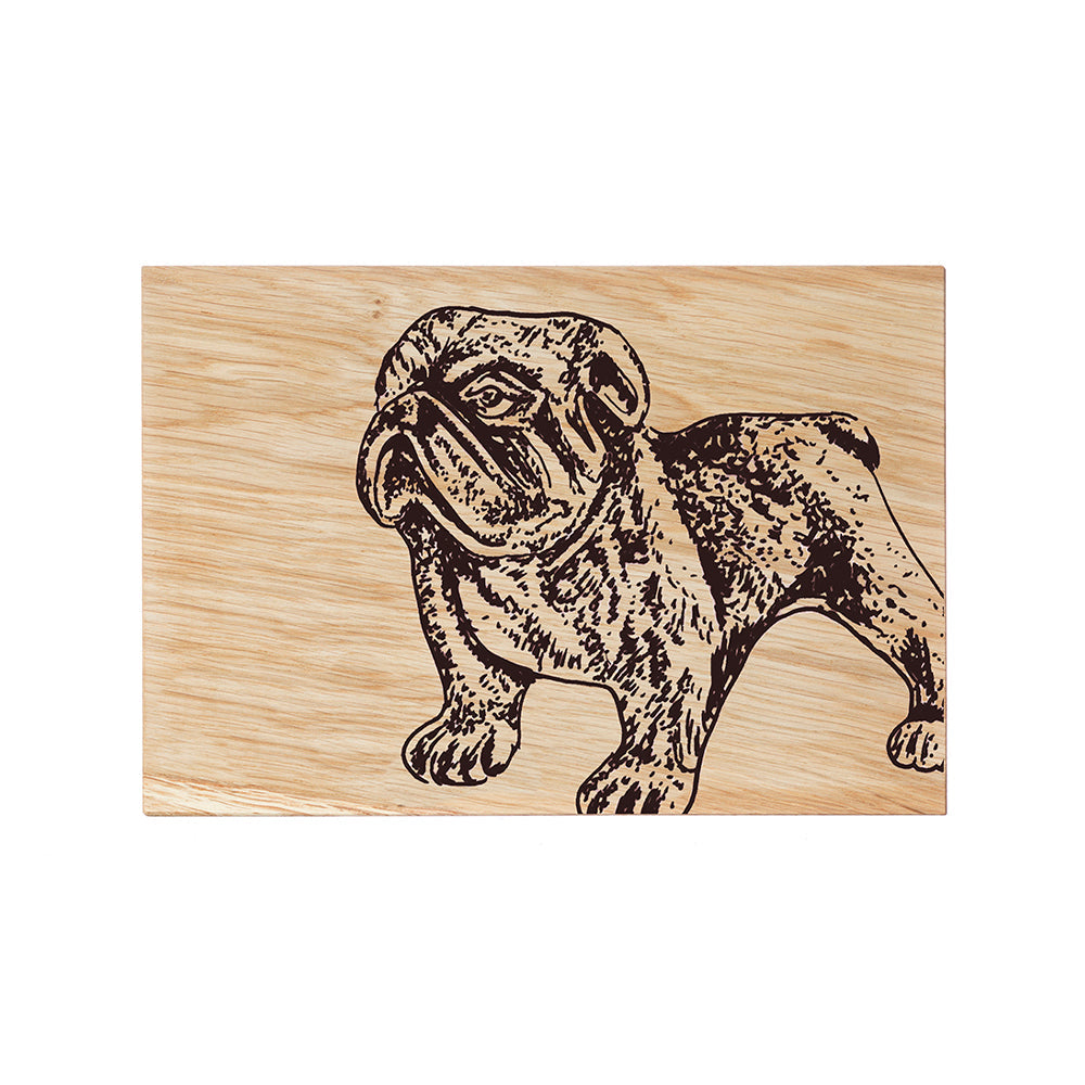 A rectangular oak serving board with a dark-burned bulldog oak stamp perfect for serving cheese