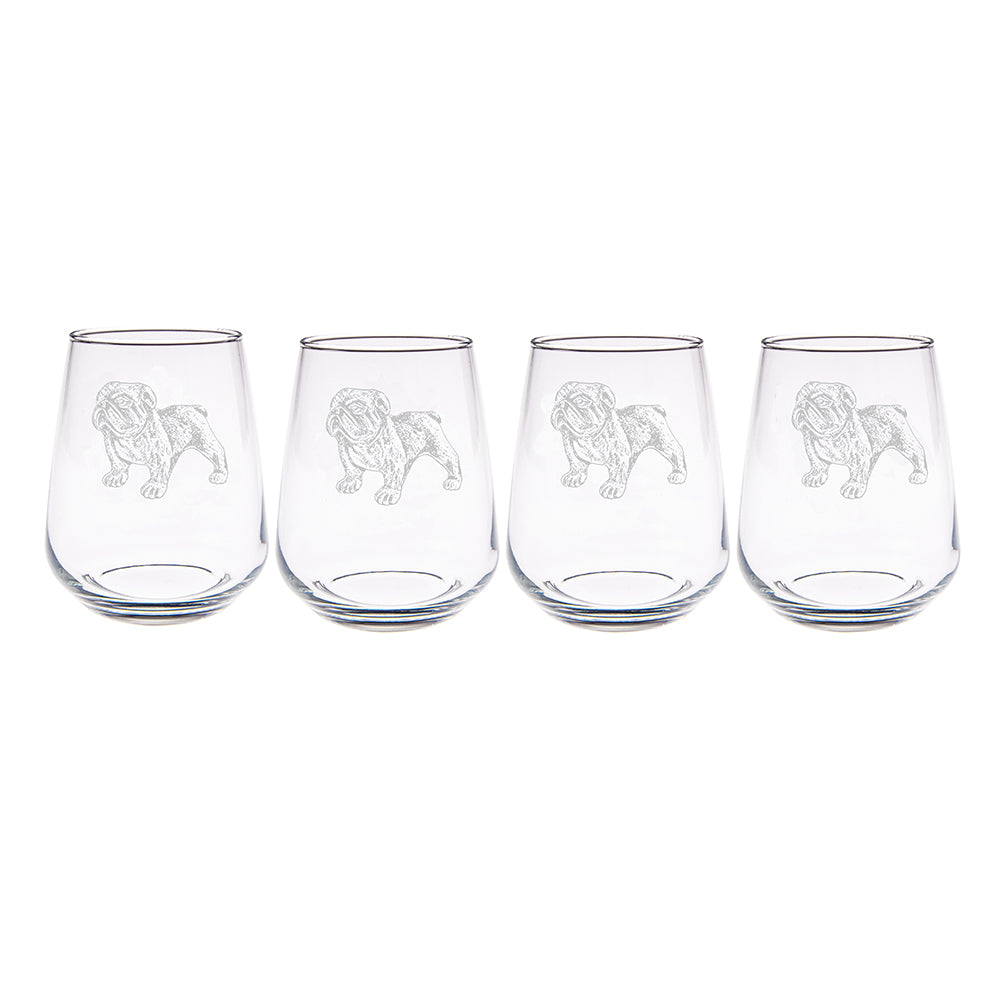 Clear stemless glasses with etched bulldog designs in a set of 4 bulldog stemless glasses perfect for any drink