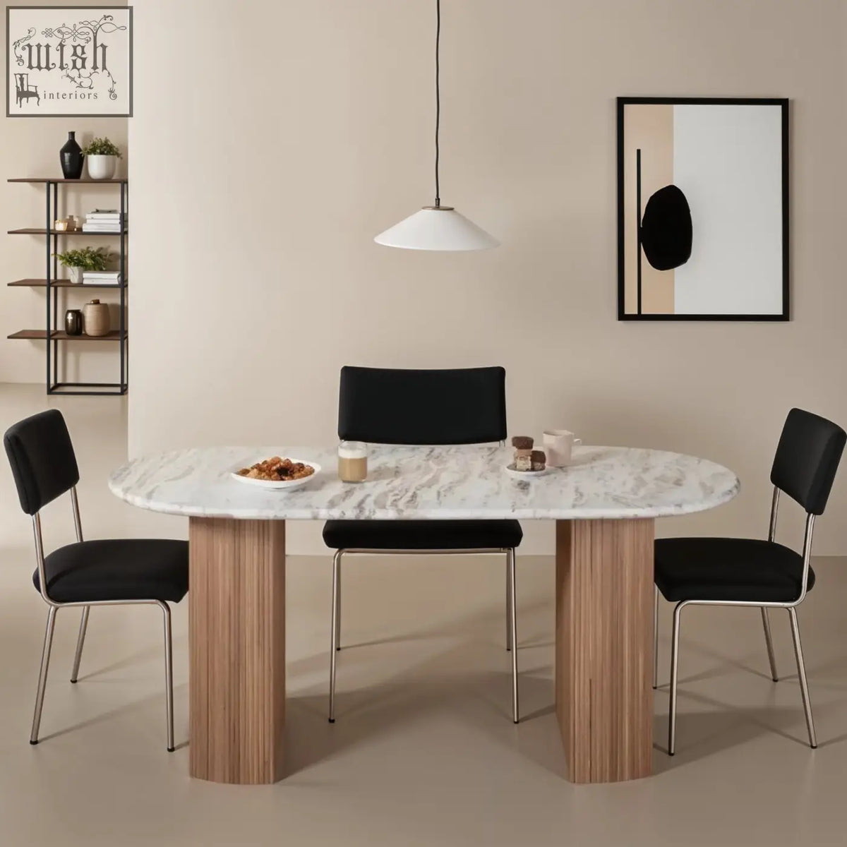 Marble-top dining table with natural marble surface and fluted mango wood legs paired with black upholstered chairs