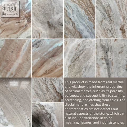 A bundi natural marble console table with beige gray and brown veining on natural marble slabs and subtle blue hints