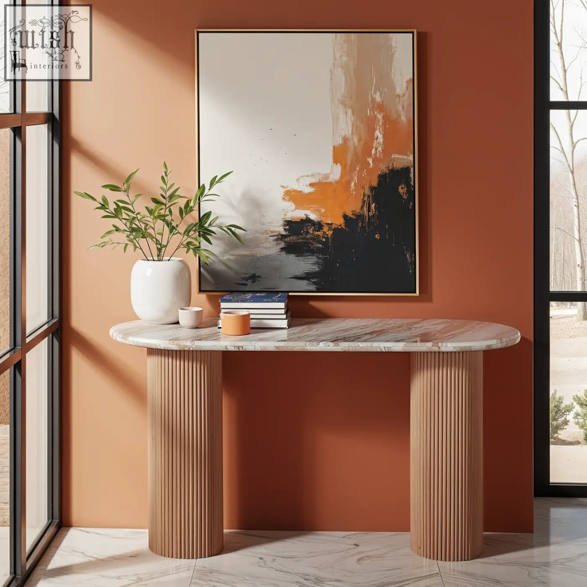 Console table with natural marble top and fluted wood legs in the bundi natural marble style for elegant decor