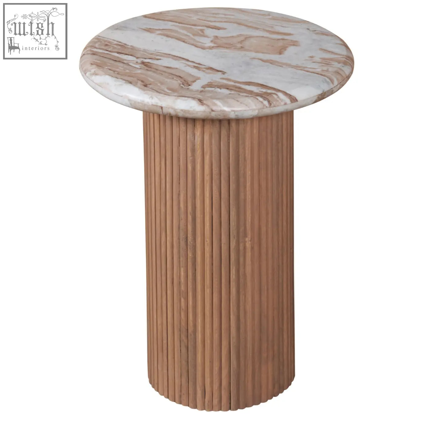 Round pedestal side table with natural marble top and ribbed fluted mango wood base for stylish living spaces