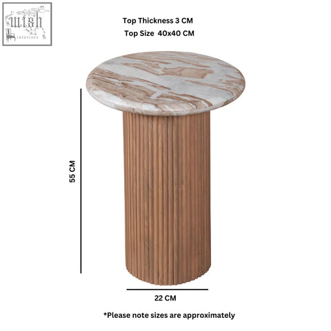 Round bundi side table with natural marble top and fluted mango wood ribbed base in natural finish