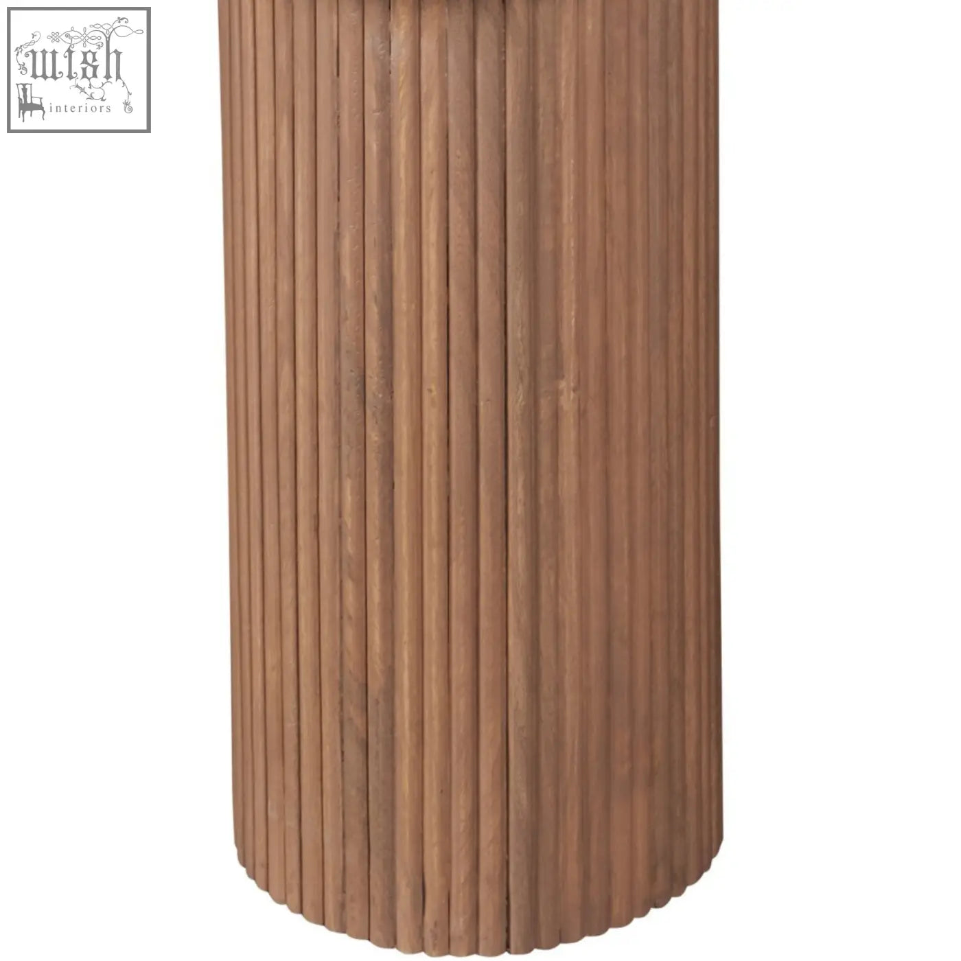 Tall cylindrical wooden pedestal side table with fluted mango wood slats and warm brown finish for natural marble display