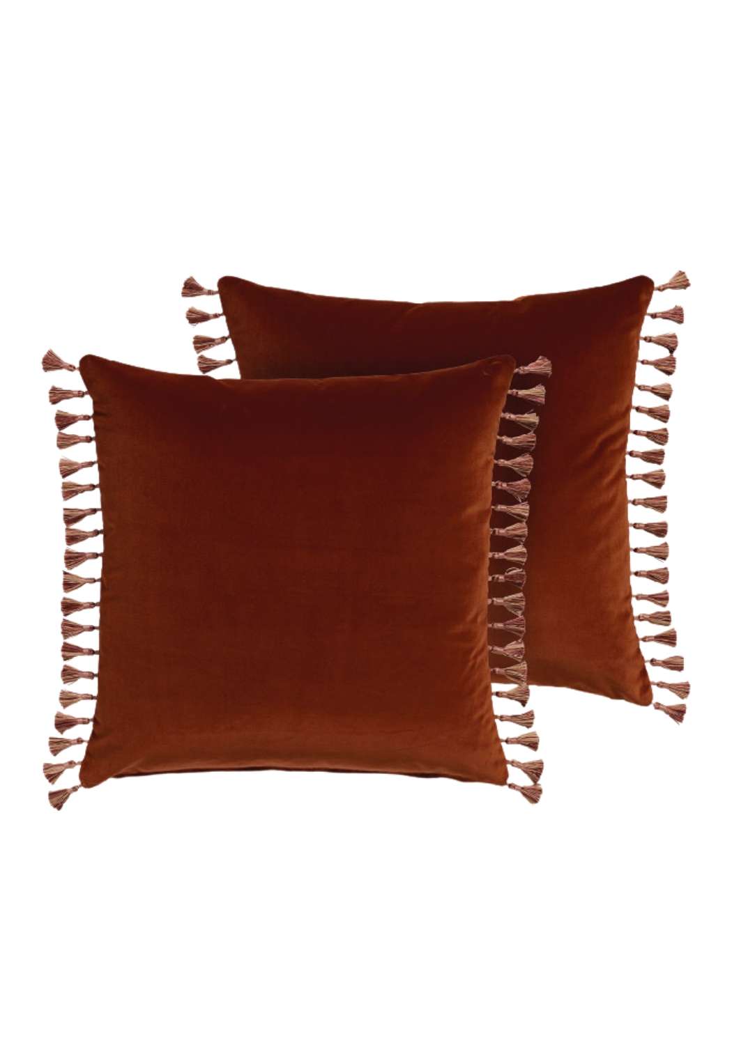 Rich rust-colored velvet cushion cover with decorative tassels along each edge perfect for adding style and comfort